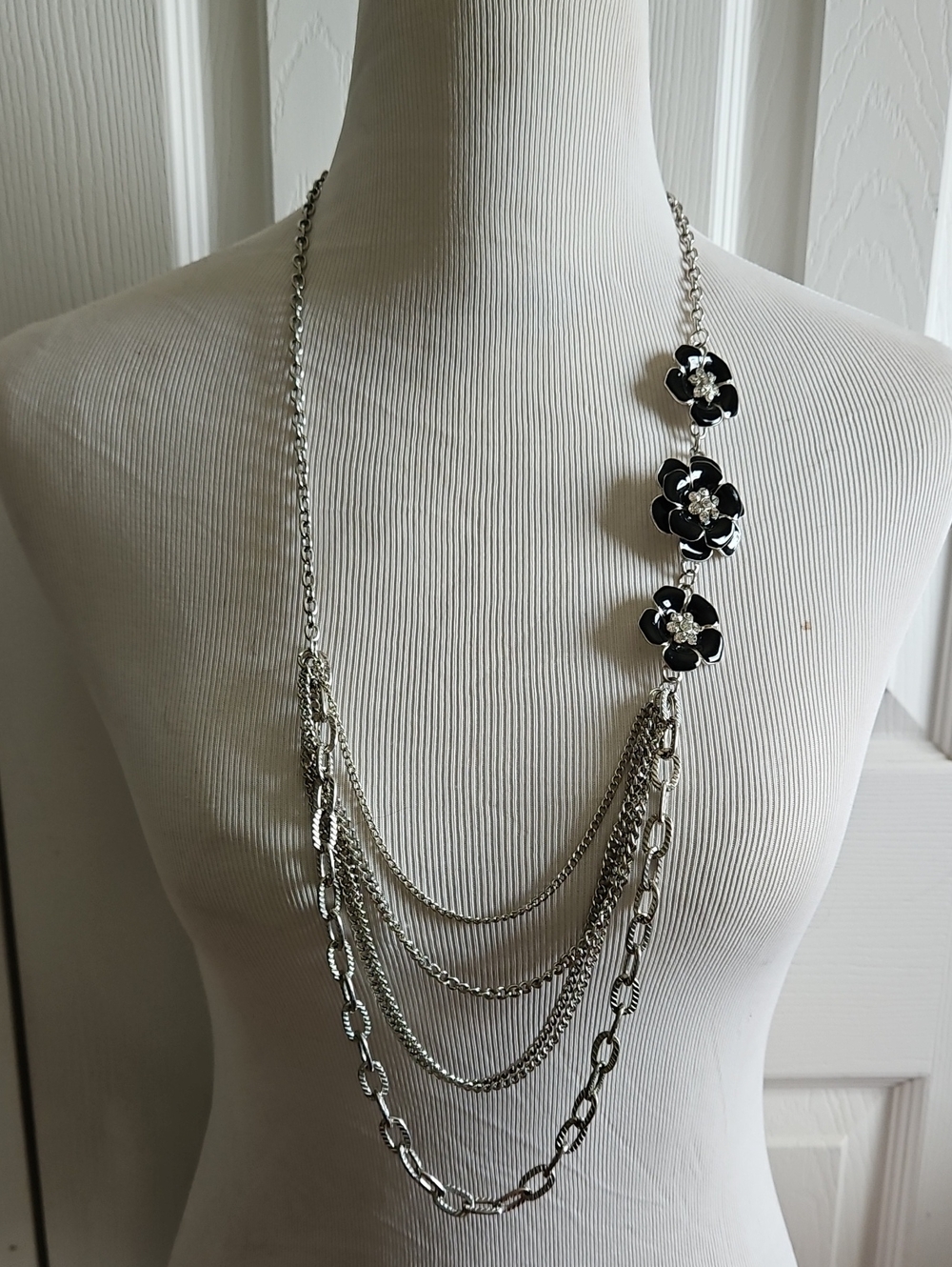 Lane Bryant Silver Multi-Strand Necklace with Black Flower Accents